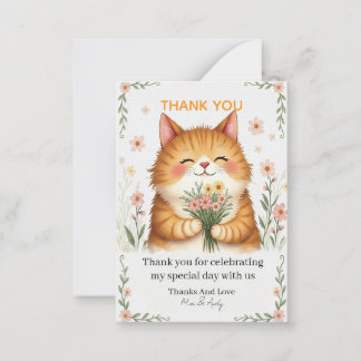 Carte De Correspondance Chat orange avec un bouquet de fleurs Merci