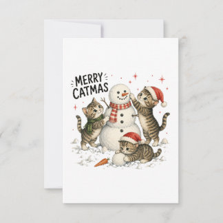 Carte De Correspondance Chatons de Noël construisant un bonhomme de neige