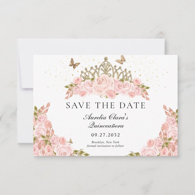 Carte De Correspondance CHEAP Blush Pink Floral Gold Tiara Quinceanera (Devant)
