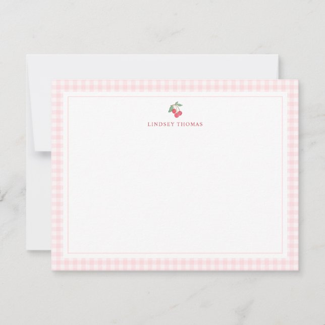 Carte De Correspondance Cherries Pink Gingham Border Personalized (Devant)