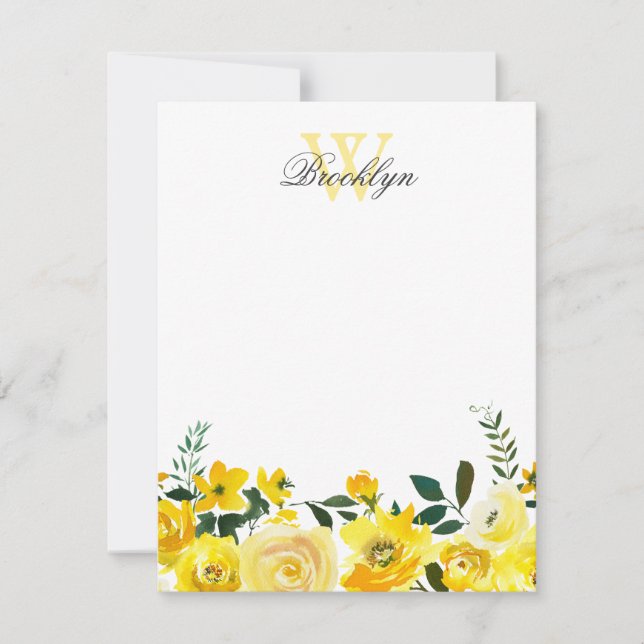 Carte De Correspondance Chic Jaune Botanique Florale Monogramme Note (Devant)