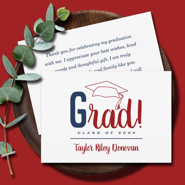 Carte De Correspondance Chic Red Grad Casquette gradué (3.5" x 5" navy blue and red Grad and graduation cap flat note cards, your message on the back)