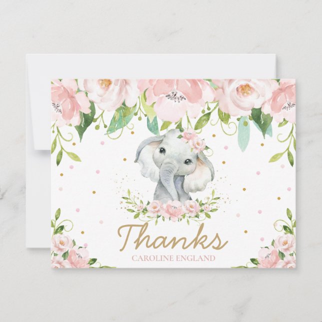 Carte De Correspondance Chic Whimsical Cute Elephant Blush Rose Floral (Devant)