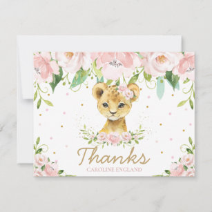 Carte De Correspondance Chic Whimsical Cute Lion Blush Rose Floral