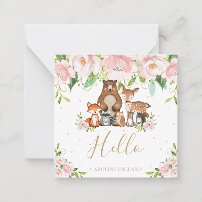 Carte De Correspondance Chic Whimsical Woodland Animaux Blush Rose Floral (Devant)