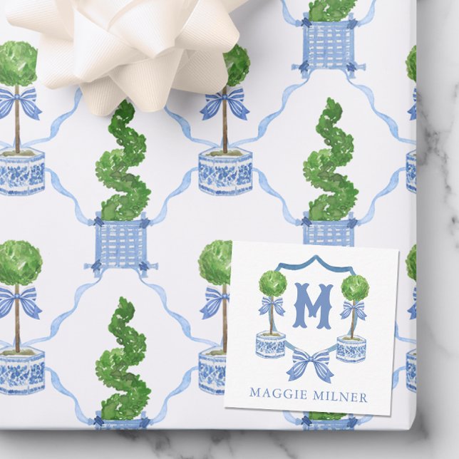 Carte De Correspondance Chinoiserie Aquarelle Bow Topior Monogramme Crest (Créateur téléchargé)