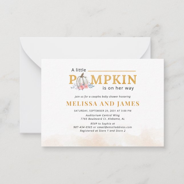 Carte De Correspondance Citrouille Couples Baby shower rose Floral Invitat (Devant)