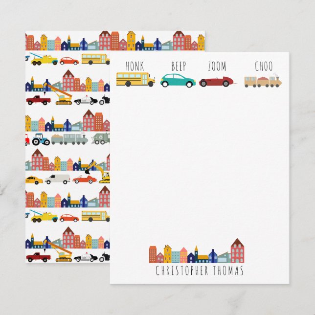 Carte De Correspondance City Transportation Vehicles Trucks Cars Kids (Devant / Derrière)
