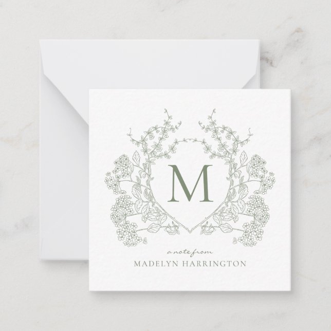 Carte De Correspondance Classic Botanique Sage Vert Floral Crest Monogramm (Devant)