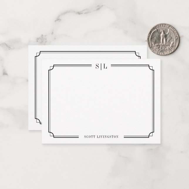Carte De Correspondance Classic Elegant Monogram Black White Two Border (Devant/Arrière en situation)
