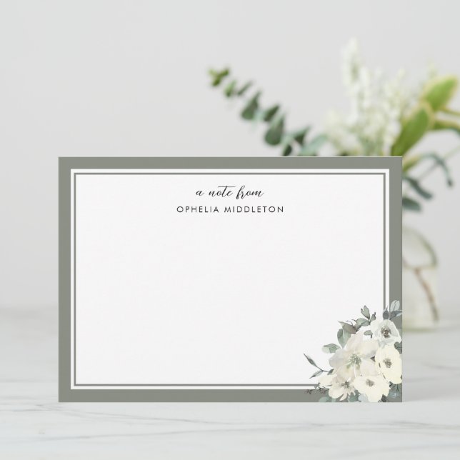 Carte De Correspondance Classic Minimal Olive Green Border Floral  (Debout devant)