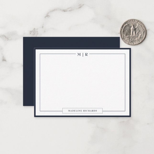 Carte De Correspondance Classic Monogram Navy Blue Border Stationery (Devant/Arrière en situation)