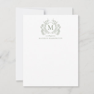 Carte De Correspondance Classic Sage Vert Floral Vintage Crest Monogramme