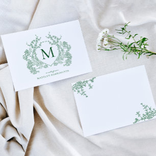 Carte De Correspondance Classic Vintage Forêt Vert Crest Floral Monogramme