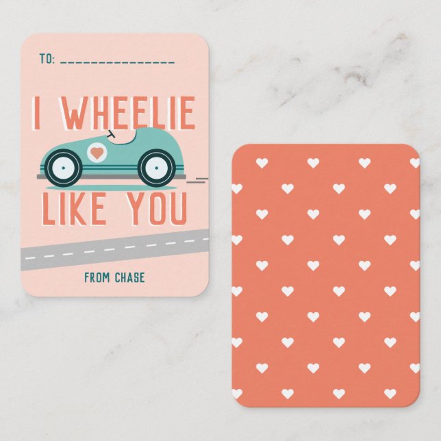 Carte De Correspondance Classroom Valentine's Day Race Car Wheelie Card (Devant / Derrière)
