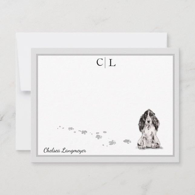 Carte De Correspondance Cocker Spaniel Chien Gris Bordure Monogramme Votre (Devant)