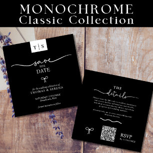 Carte De Correspondance Code QR Enregistrer La Date Black White Curve Bow