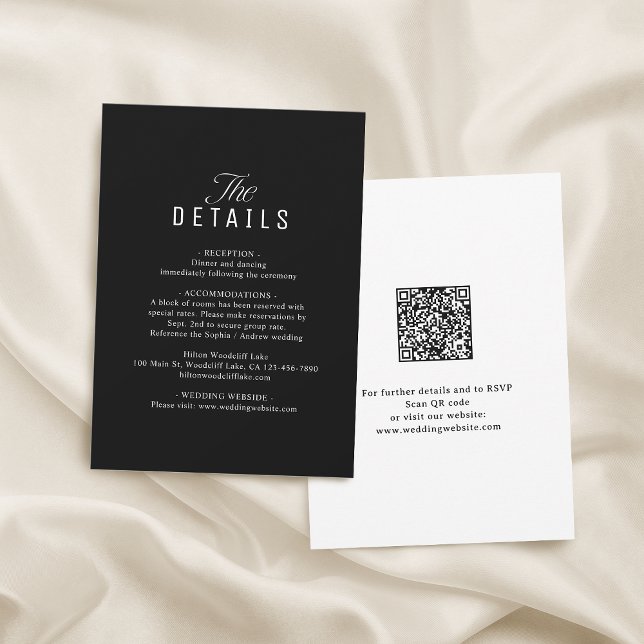 Carte De Correspondance Code QR noir Détails de mariage élégants (Black QR Code Classy Wedding Details Note Card)