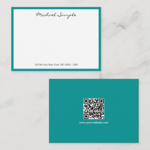 Carte De Correspondance Code QR Typographie Blanc & Sarcelle Nom de Script