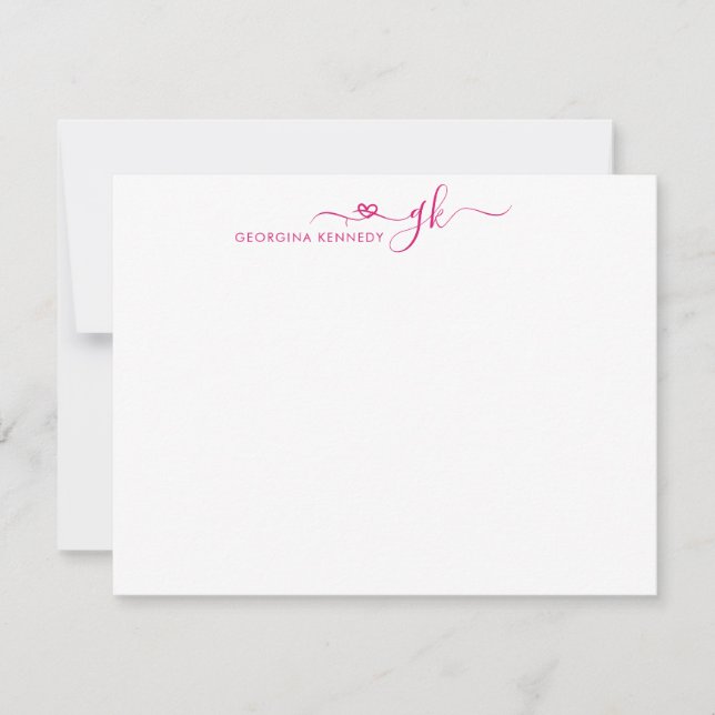 Carte De Correspondance Coeur Élégant de fille Script 2 Monogramme Magenta (Devant)