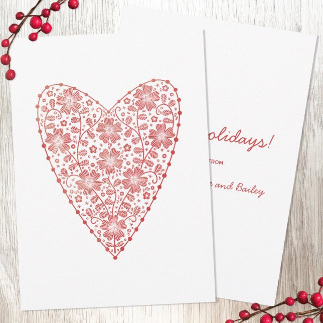 Carte De Correspondance Coeur Scandinave Rouge Blanc Vacances d'hiver (Scandinavian folk style red and white floral heart Christmas note cards with custom text and names)