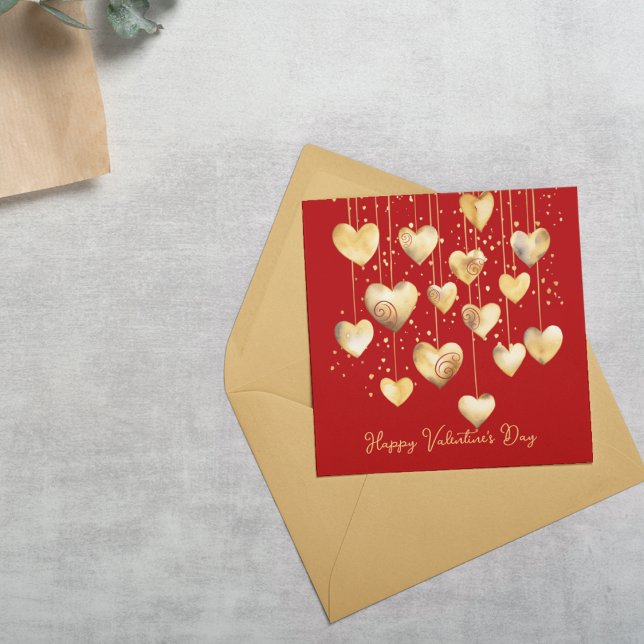 Carte De Correspondance Cœurs d'or sur une ficelle (Cute and small school Valentine's Day cards for kids.  Customize the front and back of this card. )
