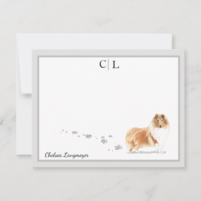 Carte De Correspondance Collie Dog Grey Bordure Monogramme & Votre Nom (Devant)