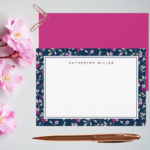 Carte De Correspondance Colorée Floral Navy et Correspondance rose