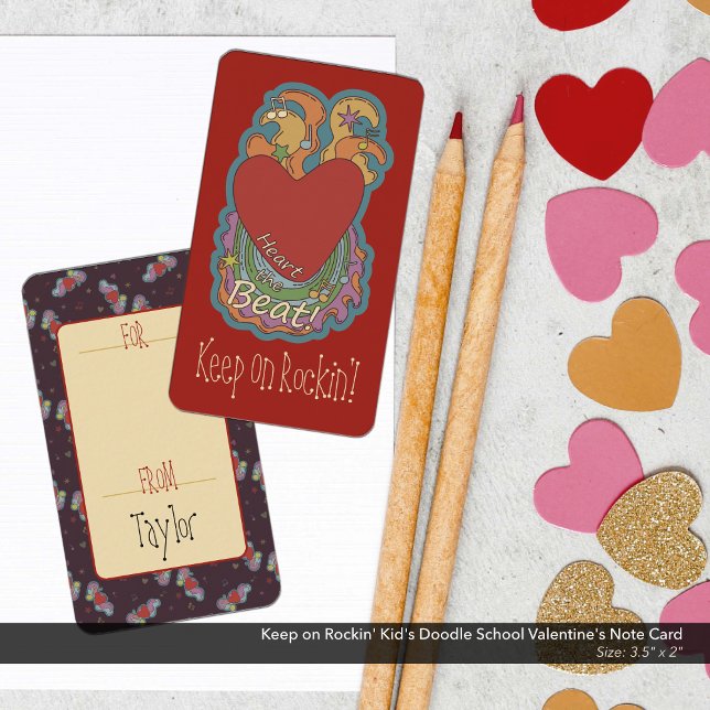 Carte De Correspondance Continuez sur Rockin' Kid's Doodle School Valentin (Heart the Beat and Keep on Rockin' Doodle Art Kid's School/Classroom Valentine's Day Card)