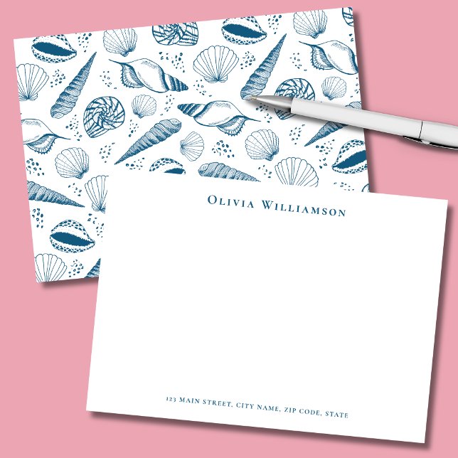Carte De Correspondance Coque de Mer Bleue Côtière (Teal blue seashells personalized stationery note cards)