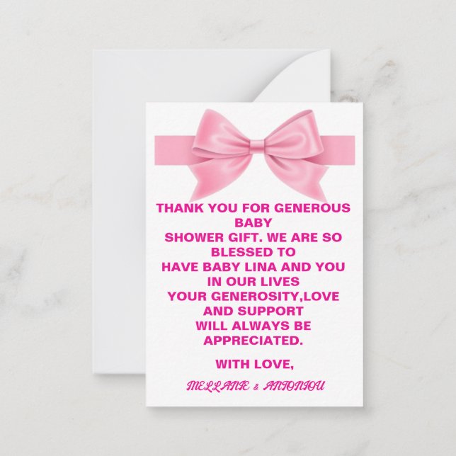 Carte De Correspondance Coquette rose mignonne Bow bébé fille douche Merci (Dos)