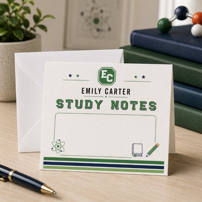 Carte De Correspondance Couverture personnalisée de l'école de sciences ve (Personalized Navy Green Science School Cover Note Card
)