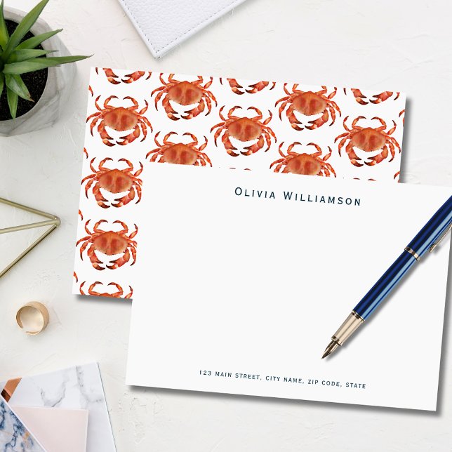 Carte De Correspondance Crabe côtier bord de mer océan (Coastal crab, crustacean illustrated notecard. Personalize with your own name and address details.)