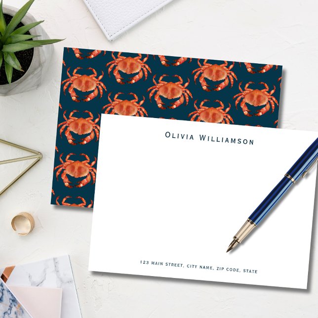 Carte De Correspondance Crabe orange motif océanique (Coastal crab, crustacean illustrated notecard. Personalize with your own name and address details.)