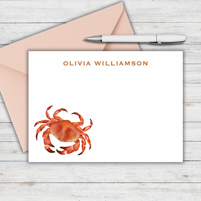 Carte De Correspondance Crabes bord de mer Personnalisé (Brown crab crustacean personalized notecard and matching coastal chic stationery with beach vibe.)