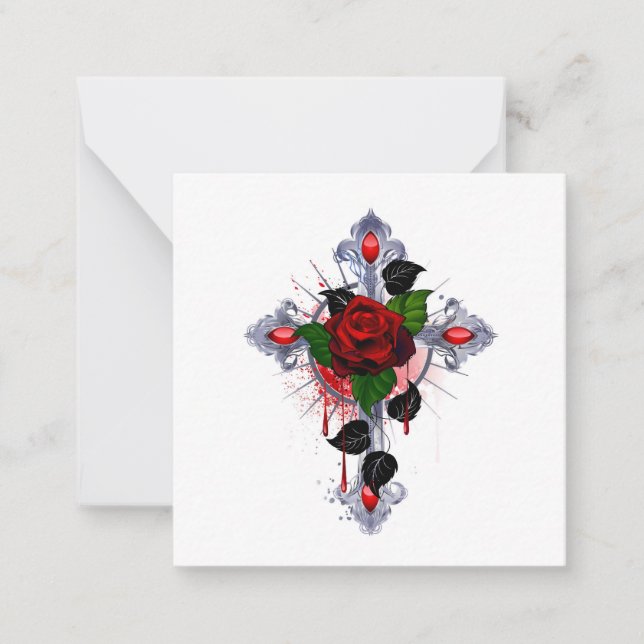 Carte De Correspondance Croix d'argent avec une rose rouge (Devant)