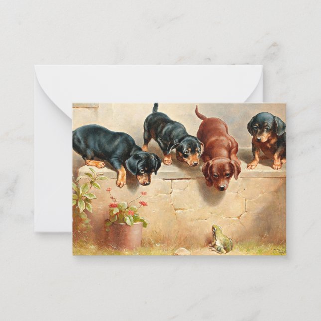 Carte De Correspondance Curieux Chiots Dachshund et une grenouille (Devant)