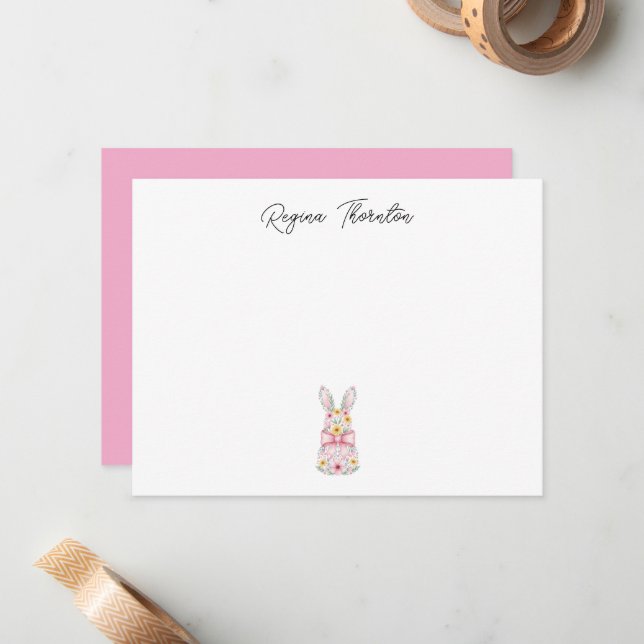 Carte De Correspondance Custom Floral Easter Bunny Note Card (Devant/Arrière en situation)