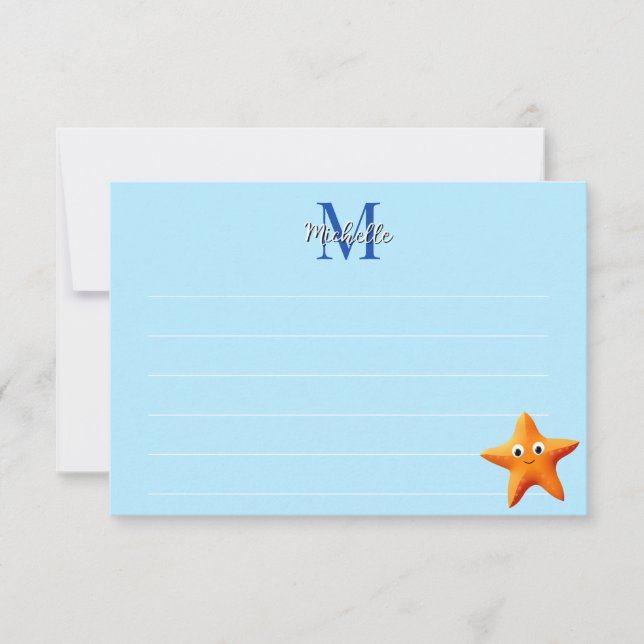 Carte De Correspondance Cute Cartoon Starfish Blue Ocean Lined Monogram (Devant)