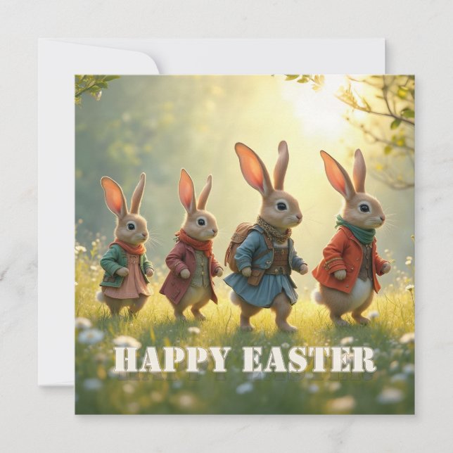 Carte De Correspondance Cute Easter Bunnies Walking in Spring Meadow (Devant)