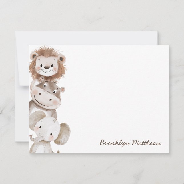 Carte De Correspondance Cute Little Lion, Hippo & Elephant Kids Statione (Devant)