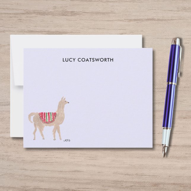 Carte De Correspondance Cute Llama Boho Hand-Painted Personalized Farm (These lavender llama thank you notes feature my own artwork of a cute llama wearing a red blanket.)