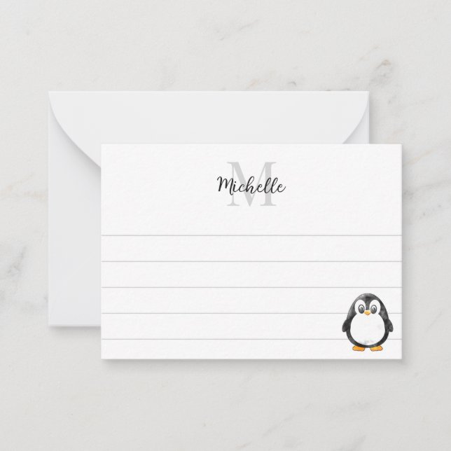 Carte De Correspondance Cute Penguin Cartoon Custom Lined Monogram (Devant)