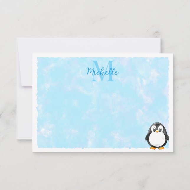 Carte De Correspondance Cute Penguin Cartoon Custom Monogram Pastel Blue (Devant)