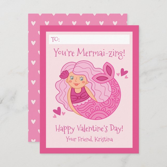 Carte De Correspondance Cute Pink Kids Mermaid Valentine (Devant / Derrière)