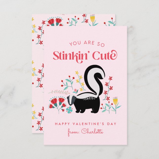 Carte De Correspondance Cute Pink Skunk Classroom Valentine (Devant / Derrière)