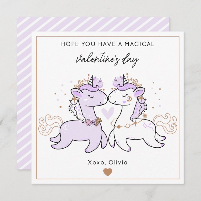 Carte De Correspondance Cute Purple Magical Unicorn Kids Valentine's Day  (Devant / Derrière)
