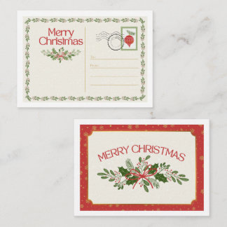 Carte De Correspondance Cute Vintage Red & Green Merry Christmas Postcard