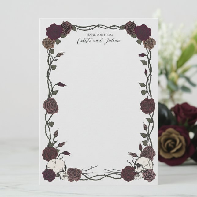 Carte De Correspondance Dark Gothic Skull & Rose Wedding Thank You (Elegant Gothic Dark Floral Skull Note Cards to say Thank You. Botanical Burgundy Skull and Roses)