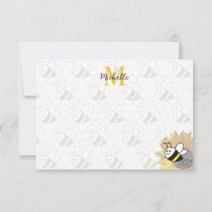 Carte De Correspondance Dessin de tournesol d'abeille à miel Monogramme pe